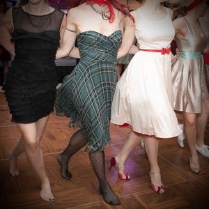 Betsey Johnson green plaid strapless midi dress